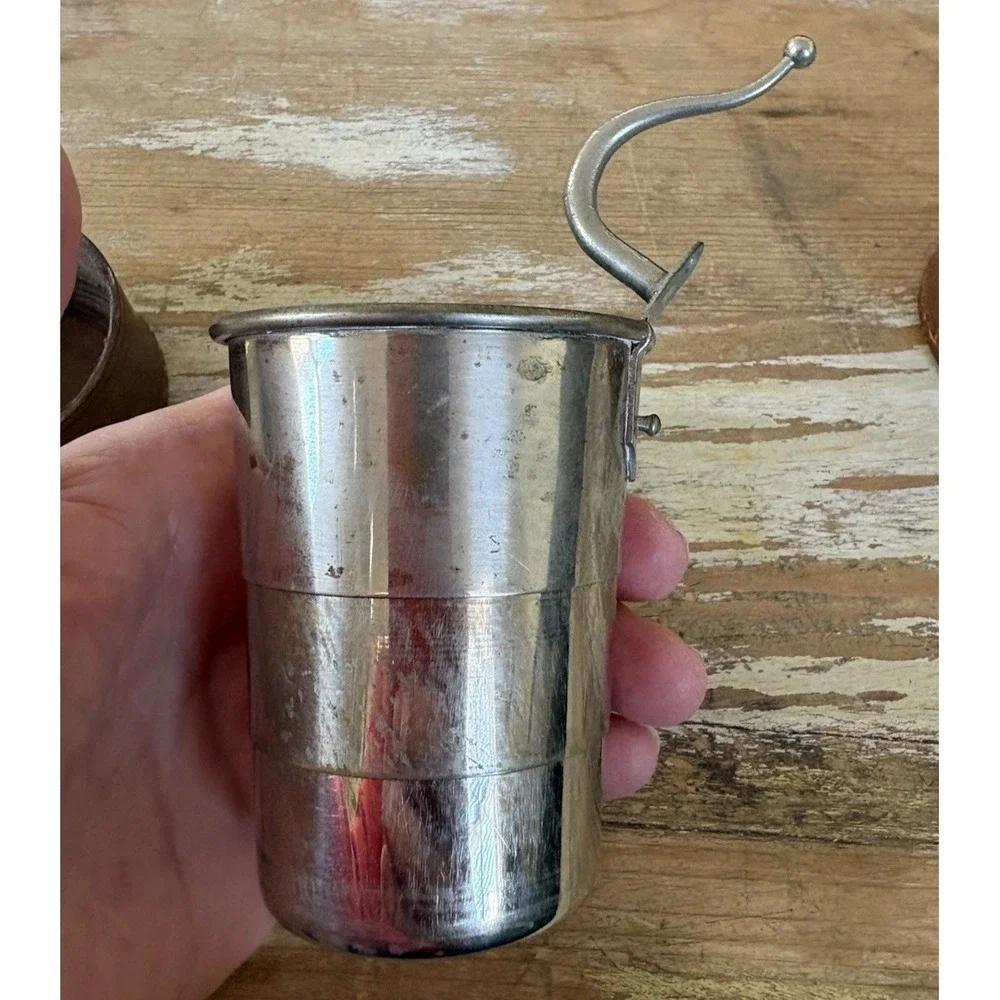 Antique vintage collapsible nickel travel whiskey band cup handle leather case